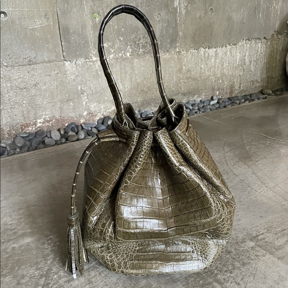 Nancy Gonzalez Caiman Tassel Army Green Bucket Bag